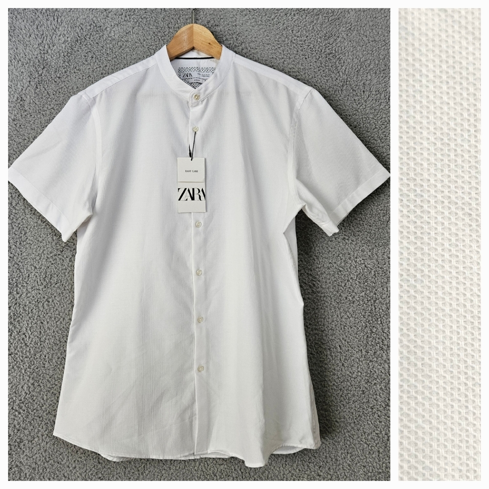 Zara Mens White Mandarin Collar Shirt XL L Short Sleeve Slim Fit Button Down New